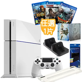 PS4 500G 1107冰河白 +保護貼PF11+遊戲*1(+副場雙手把充電座+副場直立架-白+送鐵盒)2K15-專