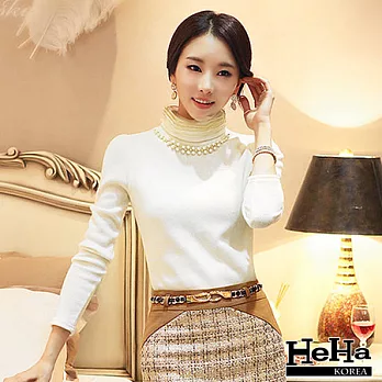 針織 多層立領釘珠針織上衣 三色-HeHa-L（白色）