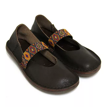 ◤Green Phoenix◥民族風情極簡幾何圖騰一字鬆緊帶手縫全真皮平底休閒娃娃鞋35深綠色