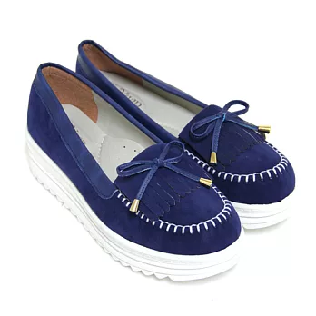 【Pretty】秋氛百搭舒適流蘇莫卡辛厚底鞋22.5藍毛