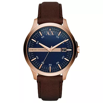 A|X Armani Exchange 城市旅人格紋紳士腕錶-玫瑰金X咖啡皮帶