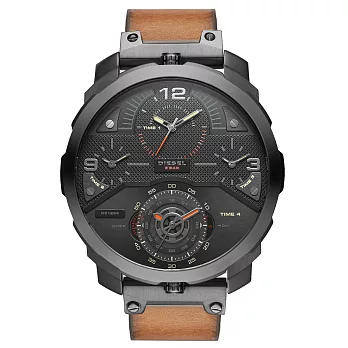 DIESEL 狄法克四時區競速時尚男錶-深灰x咖啡錶帶