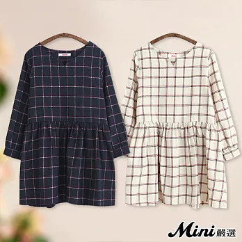 洋裝 格紋V口寬鬆娃娃連身裙 二色-Mini嚴選-FREE（藏青）