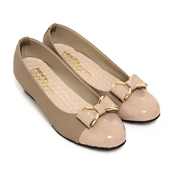 【Pretty】優雅甜美朵結漆皮拼接楔型娃娃鞋23.5芋色