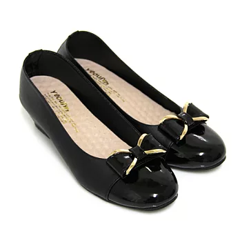 【Pretty】優雅甜美朵結漆皮拼接楔型娃娃鞋23.5黑色
