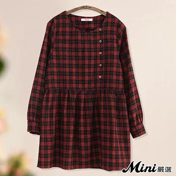 洋裝 格紋斜開扣長袖連身娃娃裙 二色-Mini嚴選-FREE(紅色）