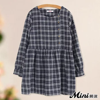洋裝 格紋斜開扣長袖連身娃娃裙 二色-Mini嚴選-FREE(藏藍）