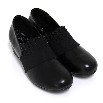 ◤Green Phoenix◥低調自然寬版鬆緊帶壓克力水鑽套入式全真皮內增高休閒鞋34黑色