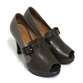 ◤Green Phoenix◥知性主義皮革壓花紋金屬扣環全真皮高跟魚口鞋4.5綠色