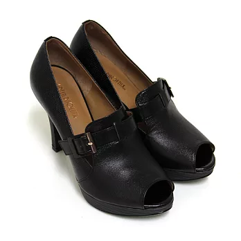 ◤Green Phoenix◥知性主義皮革壓花紋金屬扣環全真皮高跟魚口鞋4.5黑色