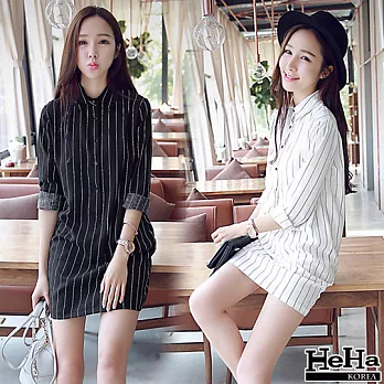 洋裝 長袖條紋襯衫式連身裙 二色-HeHa-S(黑色）
