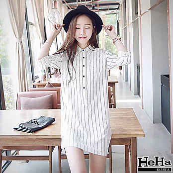 洋裝 長袖條紋襯衫式連身裙 二色-HeHa-S（白色）