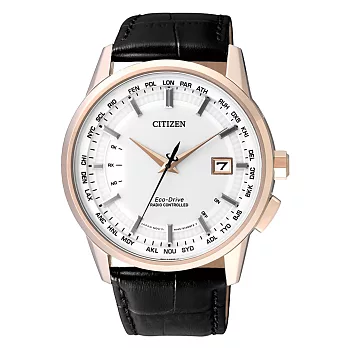 CITIZEN Eco-Drive 時光軌跡電波男錶-淡金框白x黑色錶帶