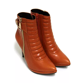 ◤Green Phoenix◥BIS-VITAL 摩登炫目條狀格紋金屬裝飾拉鍊扣環義大利臘皮撞色高跟踝靴35橙色
