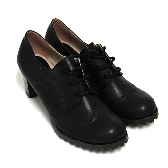 【Pretty】英倫格調雕花紋綁帶粗中跟牛津鞋23黑色