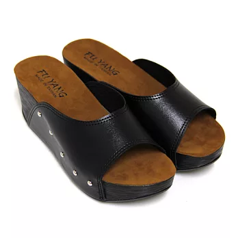 【Pretty】極簡素面木質紋厚底拖鞋37黑色