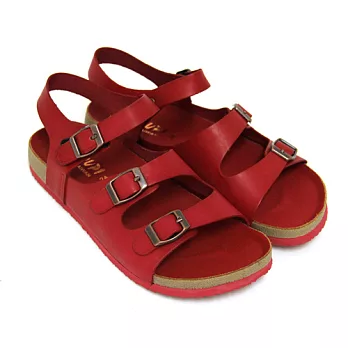【Pretty】飽和色彩真皮飾釦沾黏式休閒涼鞋22.5紅色