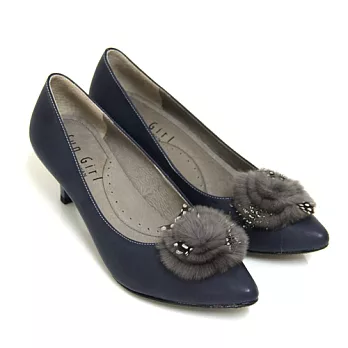 ◤Green Phoenix◥柔美雅典圓形層次蓬鬆毛絨臘感皮革尖頭漆皮低跟包鞋22.5藍色