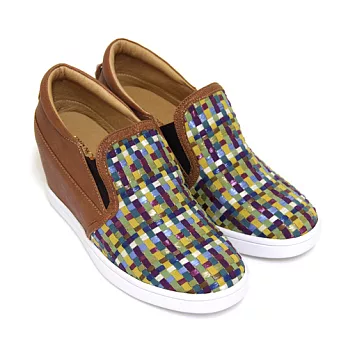 ◤Green Phoenix◥BIS-VITAL 時尚復刻多彩撞色編織義大利小牛皮套入式精品內增高休閒鞋35駱駝色