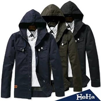 外套 純棉水洗連帽雙口袋夾克 三色-HeHa-3XL(深藍）