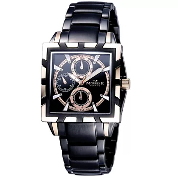 MORRIS K 潮流悍將三眼流行腕錶-黑x玫瑰金/35mm MK09112-TB21