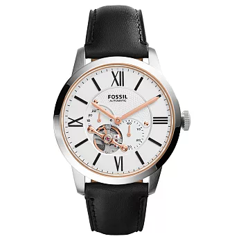 FOSSIL 日月傳承機械腕錶-銀框白x黑色皮帶