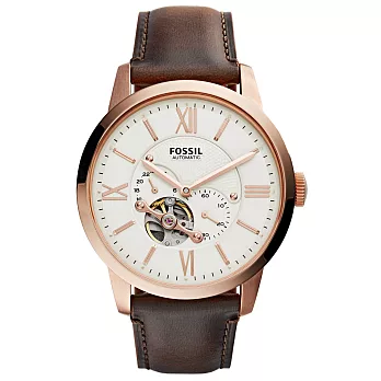 FOSSIL 日月傳承機械腕錶-玫瑰金框白x咖啡皮帶