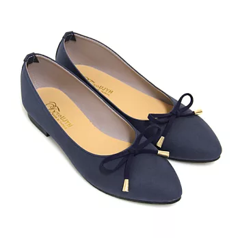 【Pretty】秋氛簡約小蝴蝶結尖頭低跟鞋22.5藍色