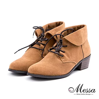 【Messa米莎專櫃女鞋】彼得潘帥氣仿麂皮翻領綁帶低跟短靴 -四色37土黃色
