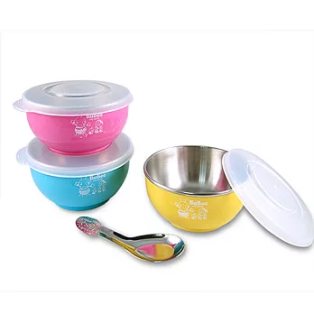 【永昌寶石】 Bubee #304不鏽鋼兒童隔熱碗 3入組 附蓋/匙 (顏色隨機)