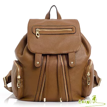 【手感的秀】軟牛皮輕龐克拉鍊抽繩後背包(焦糖咖)