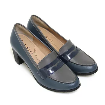 ◤Green Phoenix◥古色交織同系列撞色異材質拼接套入式全真皮粗高跟福樂鞋22深藍色