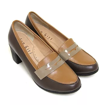 ◤Green Phoenix◥古色交織同系列撞色異材質拼接套入式全真皮粗高跟福樂鞋22咖啡色