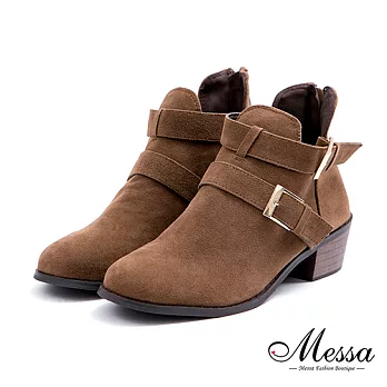 【Messa米莎專櫃女鞋】個性時尚仿麂皮雙扣後拉鍊低跟短靴36卡其色
