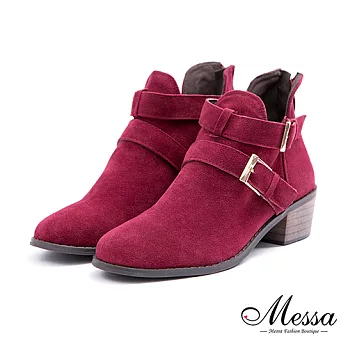【Messa米莎專櫃女鞋】個性時尚仿麂皮雙扣後拉鍊低跟短靴36紅色