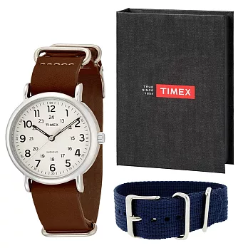 【TIMEX 】天美時復刻Weekender系列年度禮盒組/贈帆布帶 (咖啡皮帶/藍帆布帶 TXTG012500)