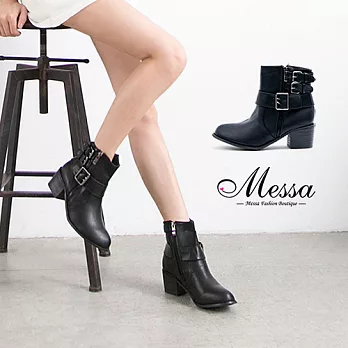 【Messa米莎專櫃女鞋】經典中性側拉鍊多扣環設計高跟短靴36黑色