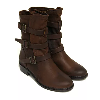 ◤Green Phoenix◥瀟脫旅人洗舊金屬皮飾扣皮繩磨砂牛皮低跟中筒靴35駱駝色