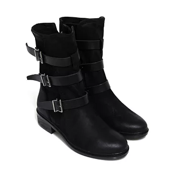 ◤Green Phoenix◥瀟脫旅人洗舊金屬皮飾扣皮繩磨砂牛皮低跟中筒靴35黑色