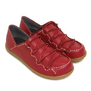 ◤Green Phoenix◥RED ANT內斂自然飽和色彩鬆緊線兩穿手縫全真皮平底懶人鞋35紅色