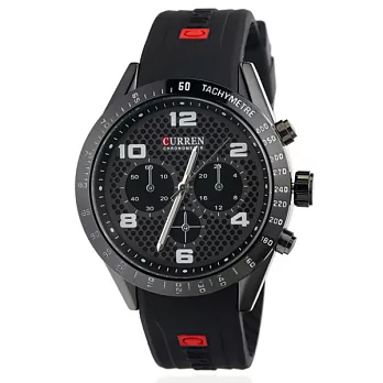 CURREN 卡瑞恩 8167 獨特仿三眼時尚矽膠男錶-黑帶黑框