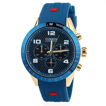 CURREN 卡瑞恩 8167 獨特仿三眼時尚矽膠男錶-藍帶藍框