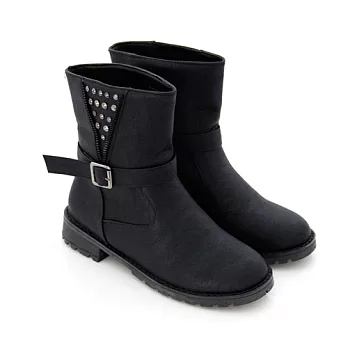 【Pretty】鉚釘皮帶扣側拉鍊裝飾中筒機車靴36黑色