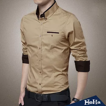 襯衫 純棉商務修身長袖襯衫 四色-HeHa-3XL（卡其）