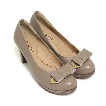 ◤Green Phoenix◥典雅曼妙立體法式蝴蝶結金屬邊條全真皮高跟鞋21.5卡其色