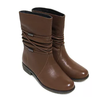 ◤Green Phoenix◥極致風采繞踝皮繩金屬片抓皺全真皮低跟中靴35棕色