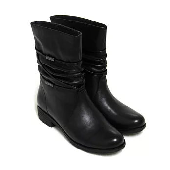 ◤Green Phoenix◥極致風采繞踝皮繩金屬片抓皺全真皮低跟中靴35黑色