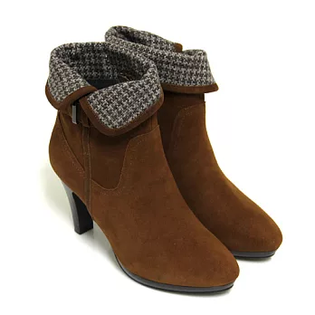 ◤Green Phoenix◥學院美妍一字金屬皮扣反折毛呢兩穿牛麂皮高跟短靴35棕色