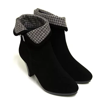 ◤Green Phoenix◥學院美妍一字金屬皮扣反折毛呢兩穿牛麂皮高跟短靴35黑色