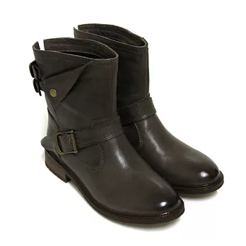 ◤Green Phoenix◥街頭酷勁洗舊金屬皮飾扣反折釘扣臘感牛皮低跟短筒工程靴35卡其色